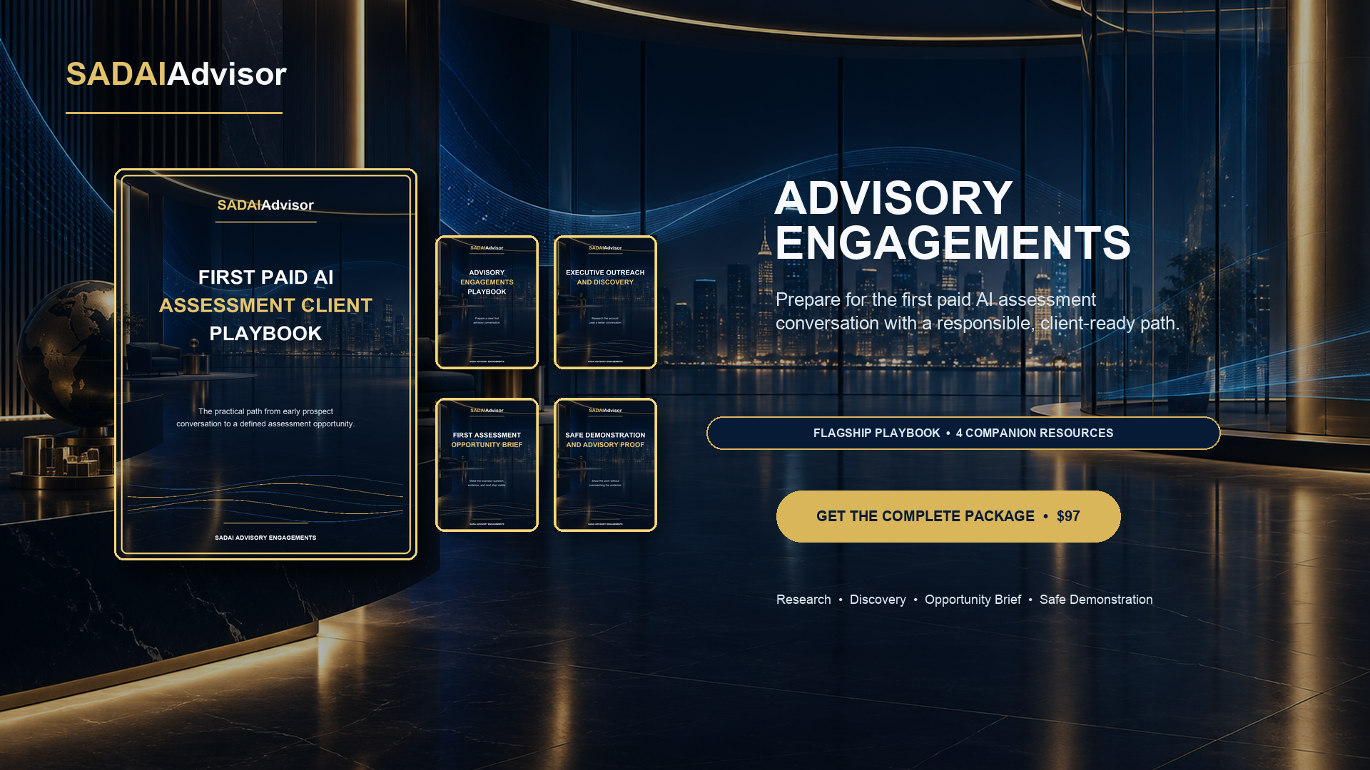 SADAIAdvisor Advisory Engagements package mockup showing the flagship playbook and four companion resources